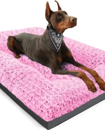 Dog Beds Large Sized Dog, Washable Plush Pet Bed for Crate, Anti-Slip Pet Mat for Cages, Comfy Crate Pad for Outdoor/Indoor/Car Use, Soft Kennel Pad for Dogs Up to 60 lbs, 35"x23", Pink