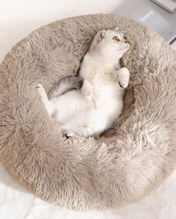 Cat Beds for Indoor Cats - Cat Bed Washable 20 inches, Dog Beds for Small Medium Dogs, Anti Anxiety Round Fluffy Plush Faux Fur Pet Bed, Thick Bottom (Light Brown, Medium)
