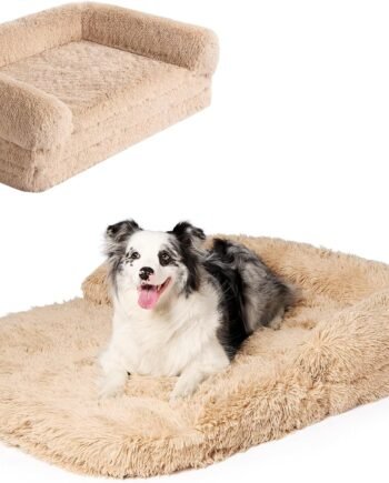 Foldable XXL Dog Bed for Large Sized Dog, 54"x38"x7.5" Faux Fur Fluffy Pet Couch Bed, Orthopedic Calming Memory Foam Big Pet Bed, Washable Pet Sofa Bed with Non-Slip Bottom, Camel
