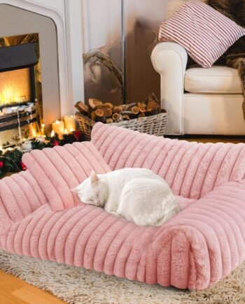 Cute Cat Couch Bed for Indoor Cats, Fluffy Pet Cat Sofa with Premium Soft Corduroy Fleece, Cute Small Dog Beds for Small Dogs, Fuzzy Puppy Chair with Removable Washable Cover (24x18x10,Pink)
