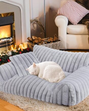 Cute Cat Couch Bed for Indoor Cats, Fluffy Pet Cat Sofa with Premium Soft Corduroy Fleece, Cute Small Dog Beds for Small Dogs, Fuzzy Puppy Chair with Removable Washable Cover (24x18x10,Grey)