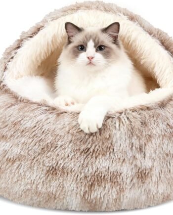Calming Dog Beds & Cat Cave Bed with Hooded Cover,Removable Washable Round Beds for Small Medium Pets,Anti-Slip Faux Fur Fluffy Coved Bed for Improved Sleep,Fits up to 15/25 lbs (Small,20"x20")