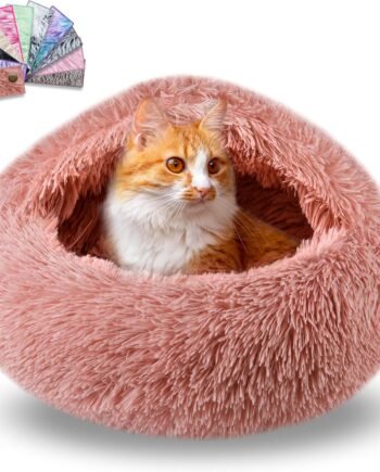 Cat Beds for Indoor Cats,Cat Cave for Puppy and Kitty,Calming Small Dog Bed for Small Dogs with Cover Cave,Cozy Warming Fluffy Washable Anti-Slip Pet Sleeping Bag(24 * 24inch,Leather Pink)