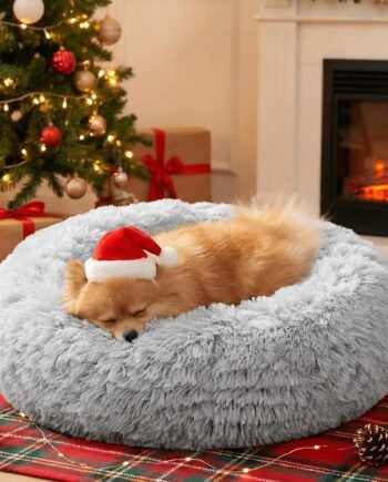 Calming Small Dog & Cat Bed for Indoor Cats - 20 inches Washable Donut Bed for Kittens & Puppies, Anti-Anxiety Round Fluffy Plush Pet Beds (Fits up to 15 lbs, Grey)